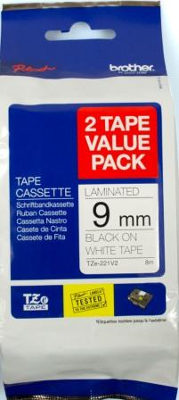 Brother TZe-221V2 9mm Black On White Twin Pack Tape