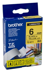 Brother TZe-611 6mm Black On Yellow Tape