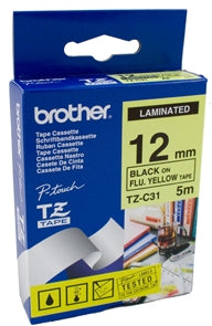 Brother TZe-C31 12mm Blk/ Fluro Yellow Tape