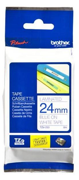 Brother TZe-253 24mm Blue On White Tape